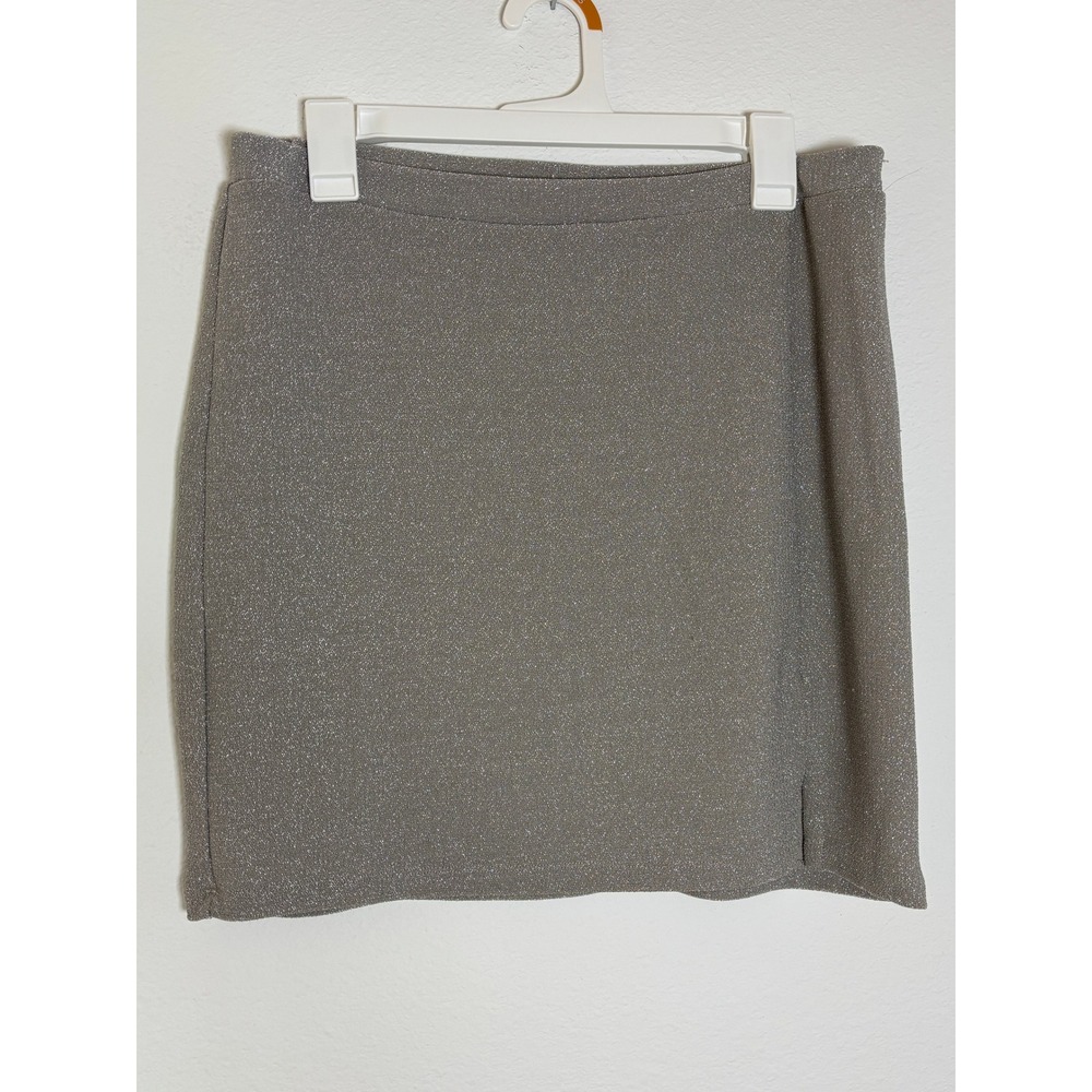 Rewind Silver Metallic‎ Shimmer Mini Skirt Side Slit Taupe Glitter Party XL